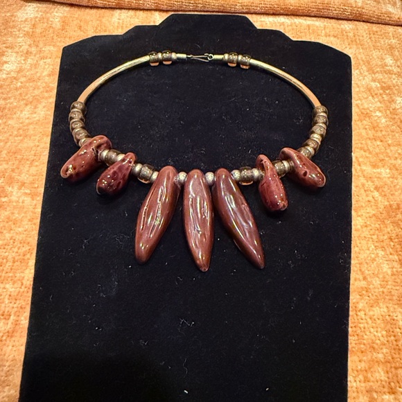 Brown and Gold Toned Mixed Material Choker Necklace - Picture 2 of 14
